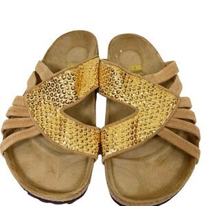 Birkenstock Womens Tatami Tan Gold Comfort Slip On Slide Sandals Size W 7 M 5